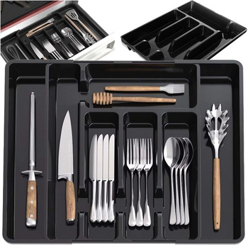 Organizer na Sztućce do Szuflady Kuchennej Wkład Rozsuwany Pojemnik Czarny RUHHY