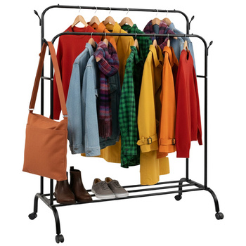 Wieszak na Ubrania RUHHY Metalowy Podwójny z Półką i Kółkami do Garderoby